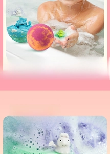 Macro view of bath salt ball dissolving in water with surprise toy inside for kids