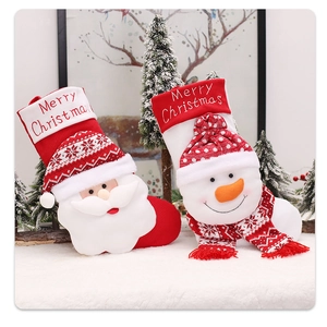 Detail of knitted Santa and Snowman Christmas stockings with Merry Christmas embroidery