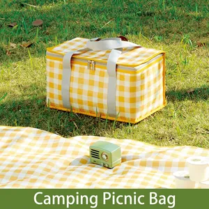 Insulated Picnic Bag Cooler Bag 600D Oxford Cloth Aluminum Foil Thermal Portable Foldable Large Capacity Outdoor Plaid