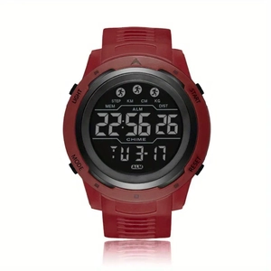 Digital sports watch in red silicone with pedometer and LED backlit multifunction display