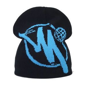 Classic black knitted beanie with a blue street style pattern and warm thick texture