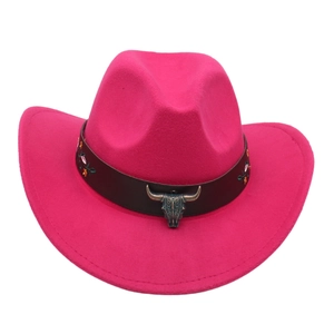 Detail of rose red cowboy hat with bull head metal buckle and floral embroidery