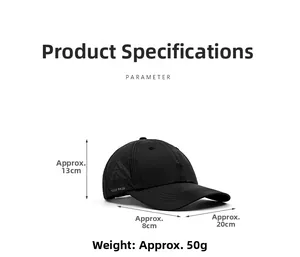 Detail of lightweight black golf cap showing breathable mesh side and 50g weight spec