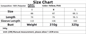 Size chart for safari style lapel shirt and trousers set with fabric and weight details