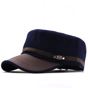 Flat top military cap in navy canvas and brown leather with star embroidery detail