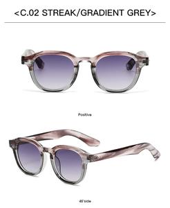 Detail view of round sunglasses in gradient grey and purple with striped frame texture
