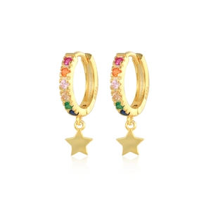 Macro detail of S925 sterling silver hoop earrings with stars and colorful zircons