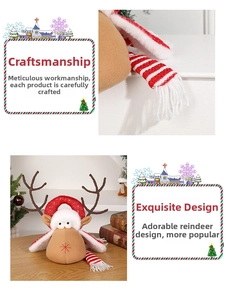 Detailed view of handmade Christmas reindeer doll with red sequin fabric and striped scarf