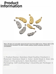 Detailed view of 5-piece stainless steel feather pendants in gold and silver finishes