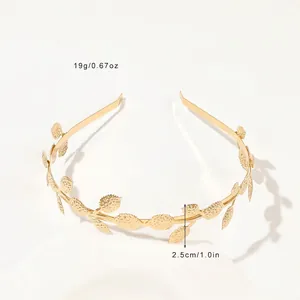 Detail view of golden laurel leaf headband showing 2.5cm height and 19g weight specs