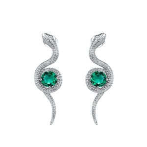 Elegant silver snake earrings with round green gemstones and intricate scale texture