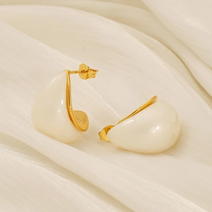 Elegant teardrop titanium steel earrings with cream enamel finish and gold edges