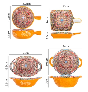Detailed size guide for bohemian orange ceramic plates and bowls with mandala patterns