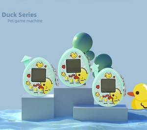 Macro detail of duck themed virtual pet game machine with functional buttons and keychain