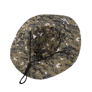 Digital camo wide brim bucket hat with adjustable windproof drawstring for outdoor hiking
