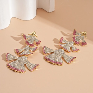 Three-tier fan-shaped ginkgo leaf earrings with pink and white rhinestones in gold