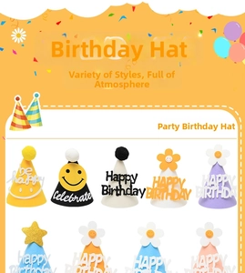 Colorful felt birthday party hats set featuring daisy flowers and happy birthday text