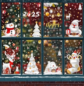 Detailed view of Christmas static window decals with Santa, reindeer, and snowflakes