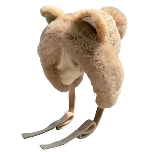Winter plush fox ear hat in khaki with warm earflaps and soft knit fur textures