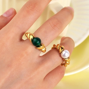 Vintage 18K gold plated croissant rings with green agate and white pearl accents
