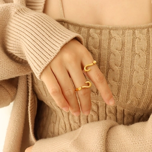 Unique 18K gold-plated question mark open rings set for women on a beige sweater
