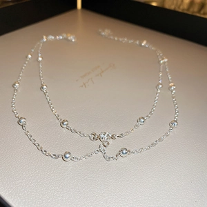 Minimalist double layer silver chain choker with small beads and round zircon stone