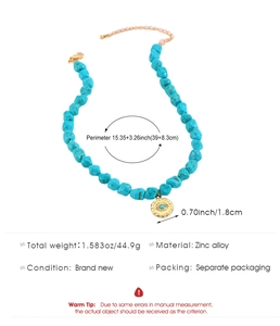 Detail view of evil eye necklace with turquoise beads and technical specifications