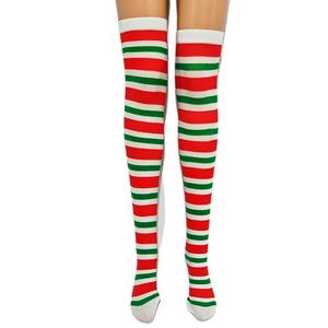 Christmas over-knee socks with red, white, and green stripes for holiday party costumes