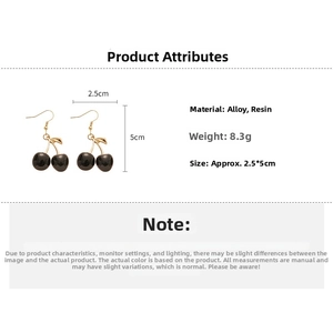 Detail showing dark resin cherry earrings size 2.5x5cm with alloy hooks and weight specs