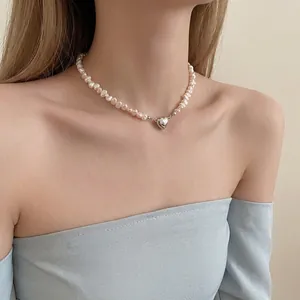 Collier en Perles d'Eau Douce Baroques Irrégulières Fermoir Magnétique Cœur Or Argent Alliage Chaîne Bracelet Bijoux de Mode Femme