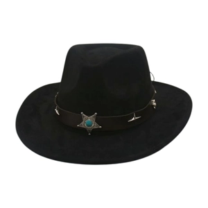 Chapeau de cowboy noir en suède avec ceinture en cuir et emblème en turquoise