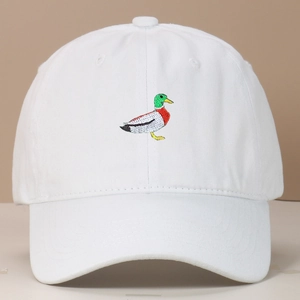 Detailed view of white cotton baseball cap with high-quality green mallard duck embroidery