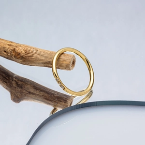 Close-up of minimalist 2.5mm gold band ring with three zircons on a wooden branch