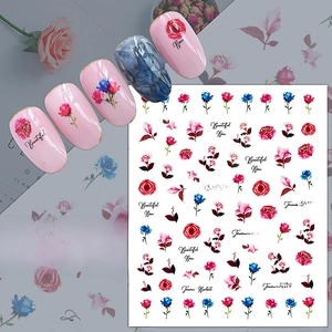 Floral self-adhesive nail art stickers with red and blue roses designs style JO-1718