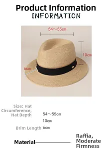 Size chart and detail view of a raffia straw sun hat with black ribbon and metal logo