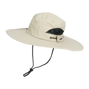 Detail view of khaki quick-dry sun hat showing breathable mesh and adjustable wind cord