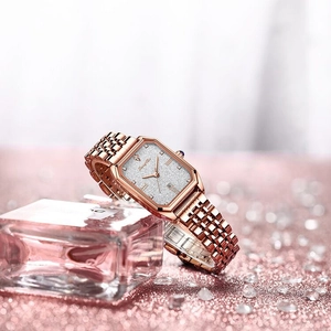 Elegant rose gold women's watch featuring a square glitter dial and link bracelet