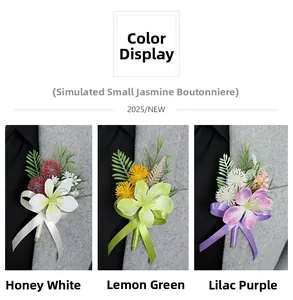 Detailed view of artificial jasmine corsages in white, green, and purple on suit lapels