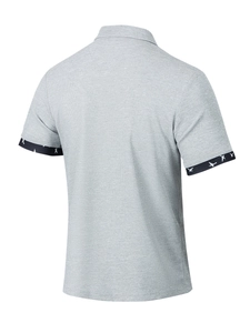 Detailed back view of men waffle knit short sleeve shirt with bird print navy cuff trim