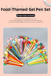 Macro shot of assorted creative neutral pens featuring 3D food-shaped silicone toppers