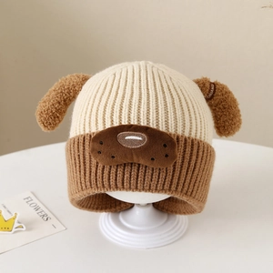 Beige und braune Strickmütze für Babys mit süßen Hundeohren und Welpen-Stickerei