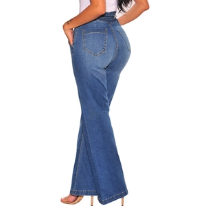 Rear view detail of high waisted blue denim flare jeans with bodycon fit and wide legs