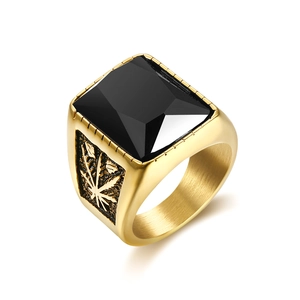 Gold stainless steel men's ring with large rectangular black gemstone and leaf carving