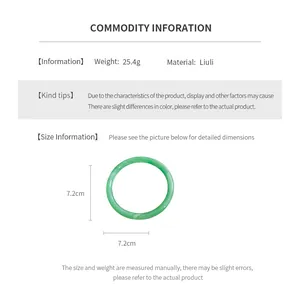 Detailed size chart for minimalist green liuli bangle with dimensions and weight