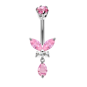 Piercing de ombligo con mariposa rosa y circonitas en acero inoxidable