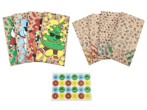 Detail of Christmas kraft paper bags with festive cartoon patterns and sealing stickers