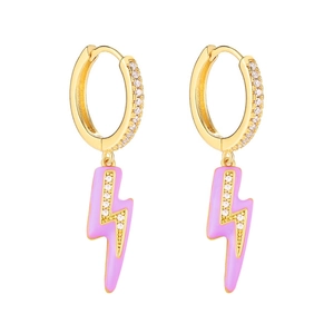 Macro detail of lightning bolt earrings with purple enamel and tiny cubic zirconia