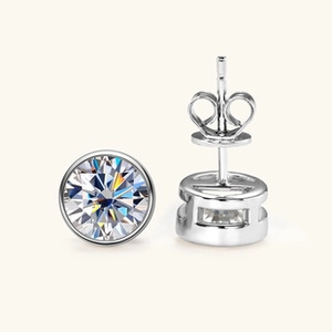 Detailed view of S925 silver butterfly moissanite studs with round bezel setting