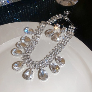 Macro shot of sparkling silver crystal choker necklace with elegant teardrop pendants