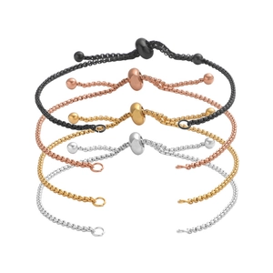 Adjustable stainless steel bolo bracelets in black, rose gold, gold, and silver finishes